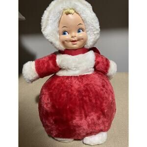 Vintage 12” Tall Christmas Girl Stuffed Plush, Velvet Like Material, Blue Eyes